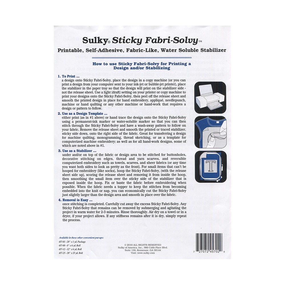 Sulky 457-08 Sticky Fabri-Solvy 8 x 6yd Roll Printable Water Soluble  Stabilizer at